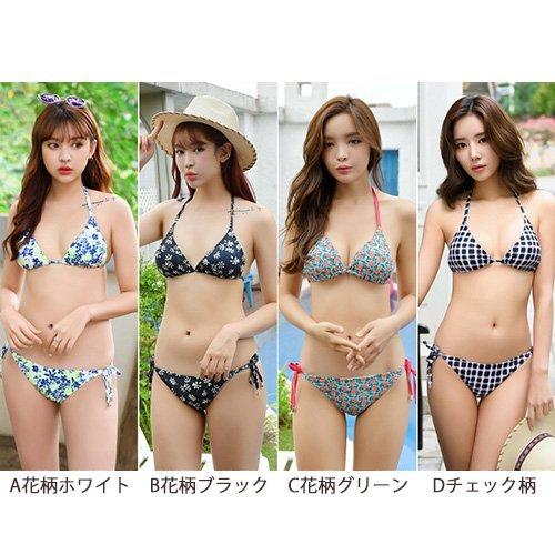 水着 ビーチウェア ビキニ 定番 ストラップ ボディライン リボン 三角ブラ ビキニ 大人 花柄 ホワイト ブラック グリーン チェック柄 GRAXIA グラシア|premium-market|02