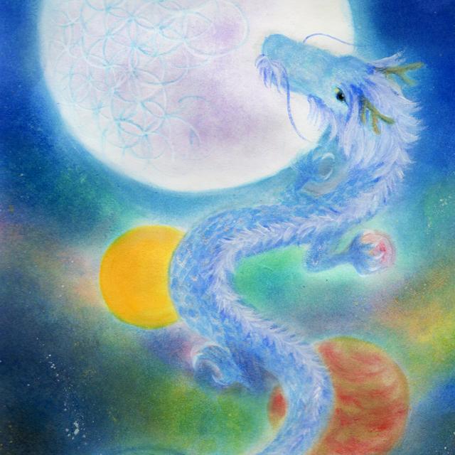 しあわせ夢絵「宇宙龍」（夢絵師 西なつめ） 額装入 手描き シリアル