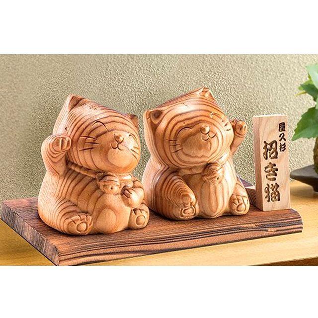 蔵出し特価　木曽御神木檜製　開運桧材 招き猫☆左手 約32cm 神木屋久杉のご利益招き猫2体セット (年輪 樹齢 不老長寿 世界遺産