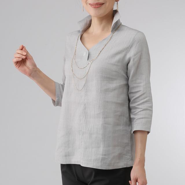 敬老の日 近江ちぢみ麻100％スキッパーブラウス (日本製 レディース