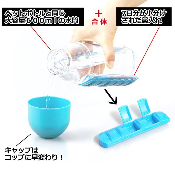 外出先でも便利！お薬ケース付ボトル (7日分薬入れ 1週間分 ピルケース