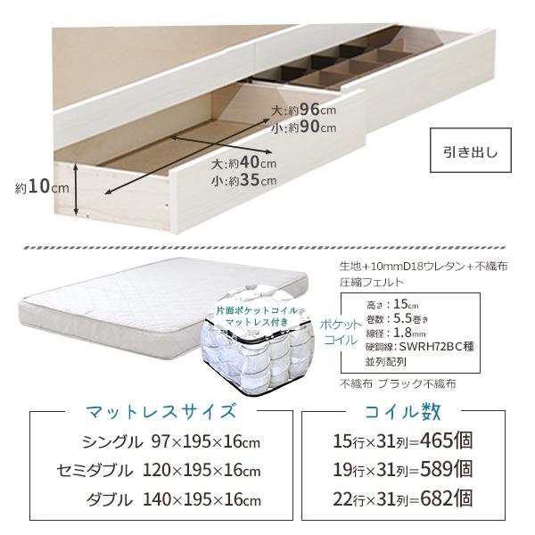 ベッド 日本製 ホワイト シングル マットレスセット ポケットコイル 収納付き 引き出し付き 棚付き コンセント付き 照明付き フラップ テーブル...〔代引不可〕