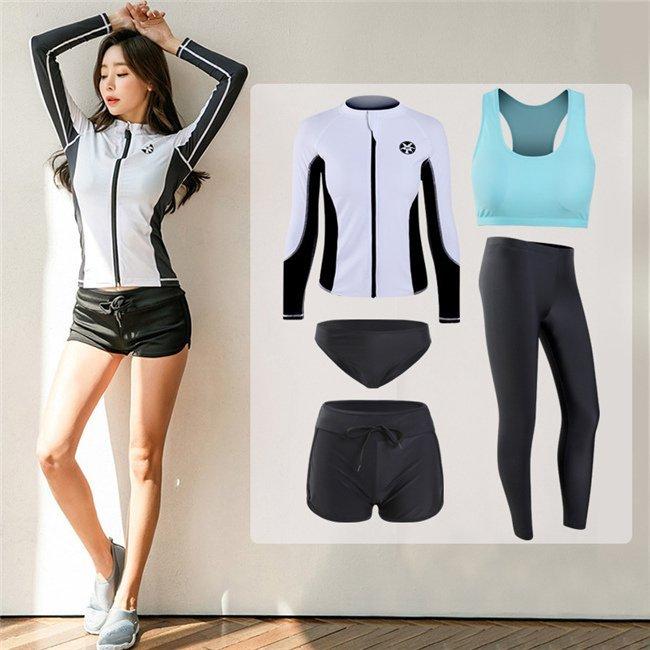 水着送料無料 体型カバーラッシュガード 無地レディースレギンス5点セット長袖ラッシュパーカーuv対策ショートパンツ 激安価格の