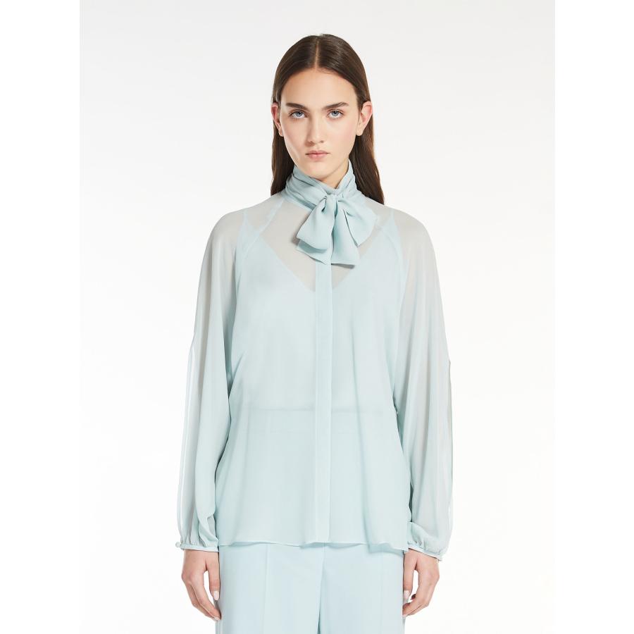 【セール40%OFF】MAX MARA STUDIO  レディース ピュアシルク ジョーゼット 長袖 ボウタイ ブラウス ‘ライトブルー`FASCINO-SHIRTの画像