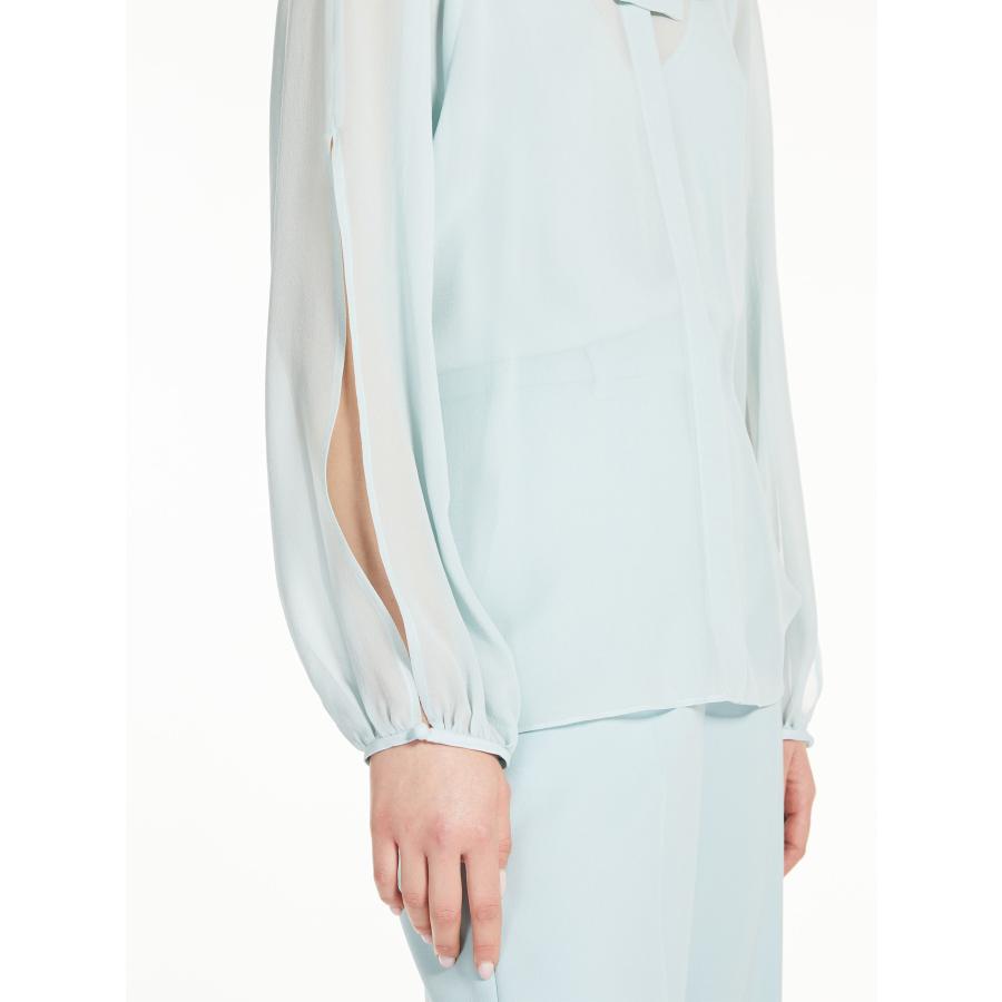 【セール40%OFF】MAX MARA STUDIO  レディース ピュアシルク ジョーゼット 長袖 ボウタイ ブラウス ‘ライトブルー`FASCINO-SHIRTの画像