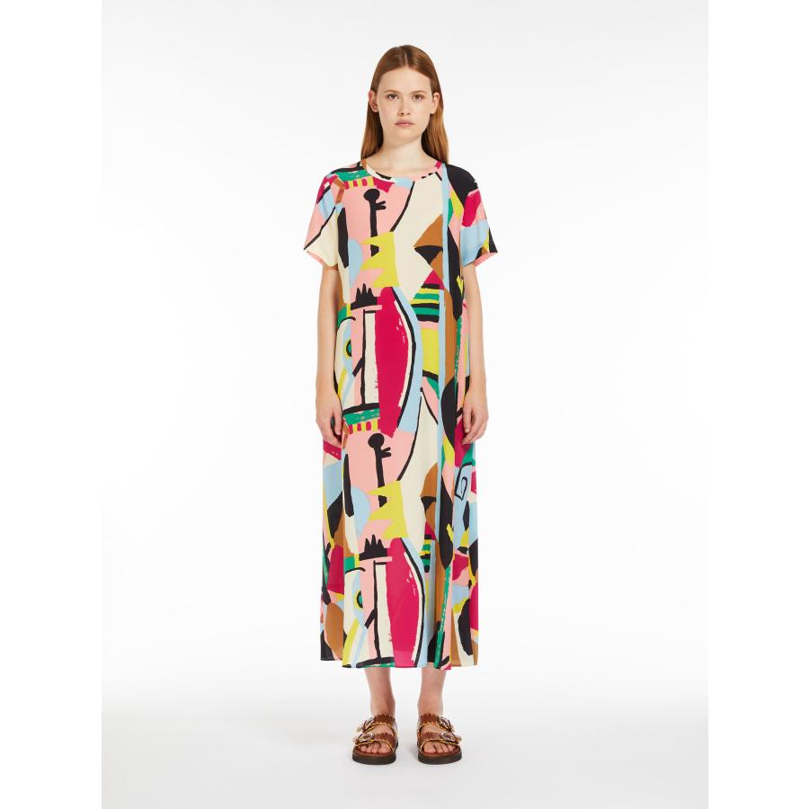 【セール40%OFF!】 MAX MARA　WEEKEND レディース シルク クレープデシン プリント 丸首ドレス  ロング丈ドレス  `マルチカラー`‘ブルー‘ ORCHIS-DRESSの画像