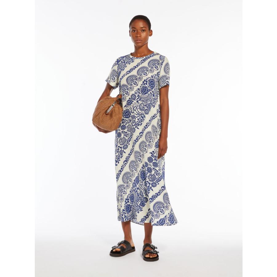 【セール40%OFF!】 MAX MARA　WEEKEND レディース シルク クレープデシン プリント 丸首ドレス  ロング丈ドレス  `マルチカラー`‘ブルー‘ ORCHIS-DRESSの画像