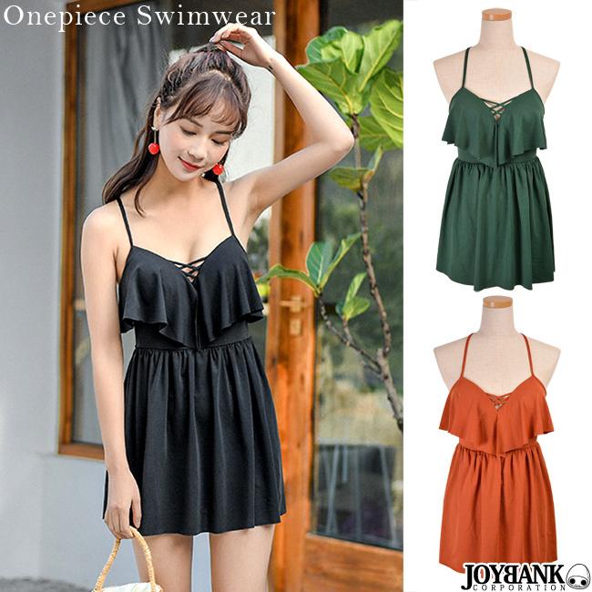 水着 レディース ワンピース フリル シンプル フレアスカート 胸元のレースアップ 体型カバー レディース 女性用 テラコッタ くすみカラー Mz185 ワールドインポートjj 通販 Yahoo ショッピング