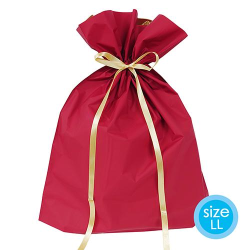 ラッピング 袋 大 ギフトバッグ 梨地 リボン付巾着袋 ( LL レッド × リボンゴールド ) etc0035 赤 底 マチあり 底マチ 大きいサイズ おおきいサイズ 一枚 単品 の商品画像