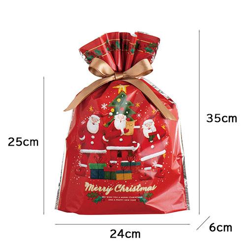 クリスマスラッピング 袋 リボン付きギフトバッグ ( ゆかいなクリスマス / 幅24 ) etc0046 底 マチあり 底マチ リボン 巾着 袋 巾着袋 x'mas サンタ レッド 赤 |  | 01