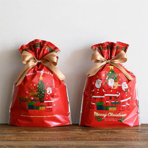 クリスマスラッピング 袋 リボン付きギフトバッグ ( ゆかいなクリスマス / 幅24 ) etc0046 底 マチあり 底マチ リボン 巾着 袋 巾着袋 x'mas サンタ レッド 赤 |  | 02