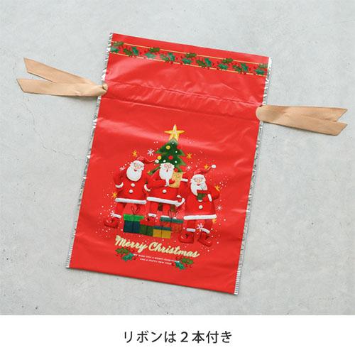 クリスマスラッピング 袋 リボン付きギフトバッグ ( ゆかいなクリスマス / 幅24 ) etc0046 底 マチあり 底マチ リボン 巾着 袋 巾着袋 x'mas サンタ レッド 赤 |  | 03