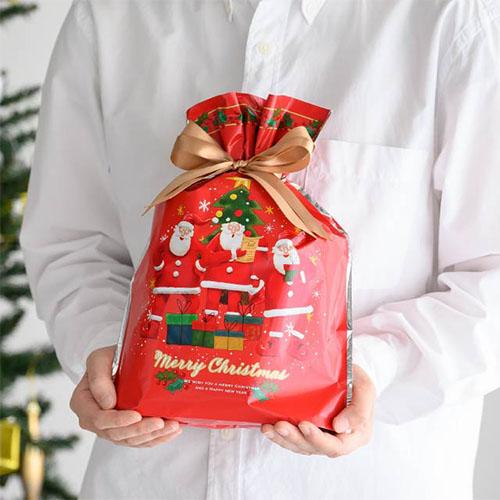 クリスマスラッピング 袋 リボン付きギフトバッグ ( ゆかいなクリスマス / 幅24 ) etc0046 底 マチあり 底マチ リボン 巾着 袋 巾着袋 x'mas サンタ レッド 赤 |  | 04