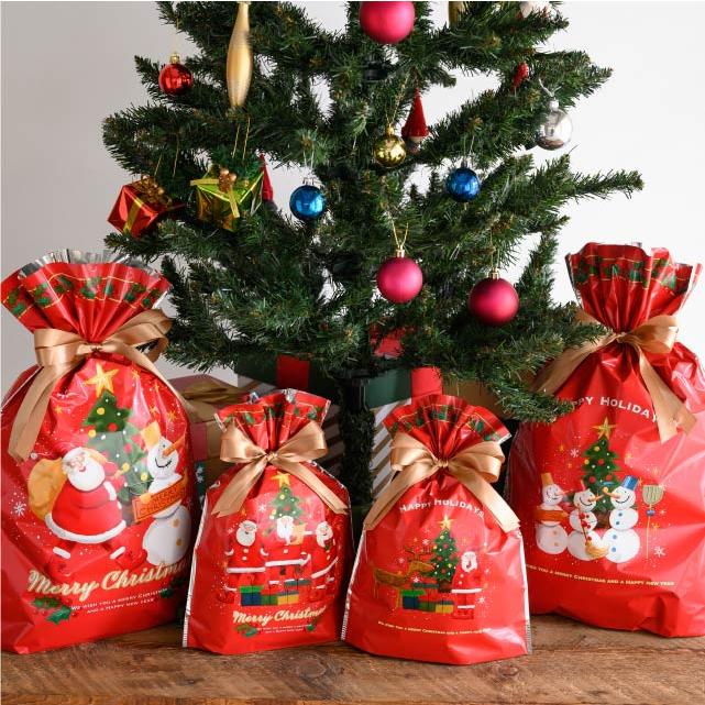 クリスマスラッピング 袋 リボン付きギフトバッグ ( ゆかいなクリスマス / 幅24 ) etc0046 底 マチあり 底マチ リボン 巾着 袋 巾着袋 x'mas サンタ レッド 赤 |  | 06