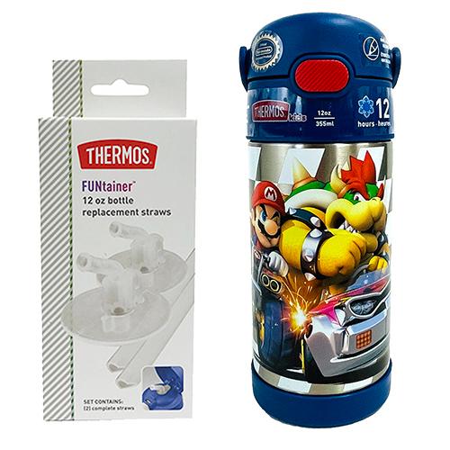 サーモス ストローボトル 替えストロー セット ( マリオカート ネイビー ) 水筒 yts0347 THERMOS 保冷 355ml マリオ ステンレス ストロー ワンタッチ 男の子｜pretzel