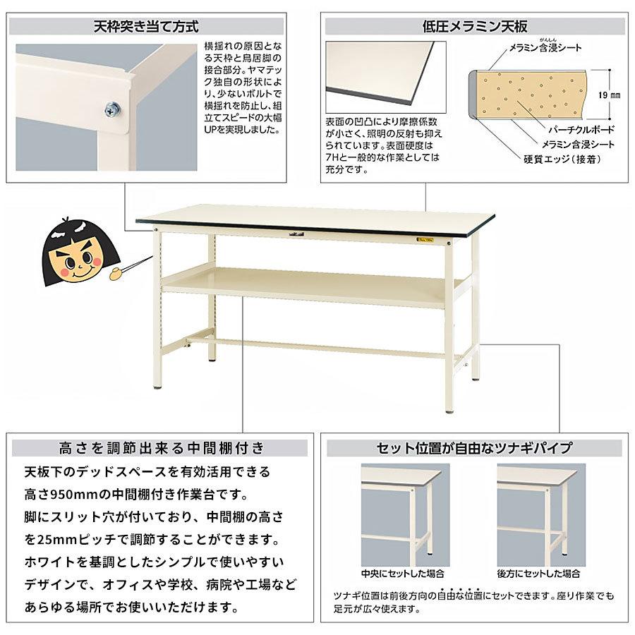 作業台 ワークテーブル 耐荷重150kg SUPH1260FWW 高さ950mm 固定式 基本形 中間棚板付き スチール製 軽作業 立ち作業 角型の画像