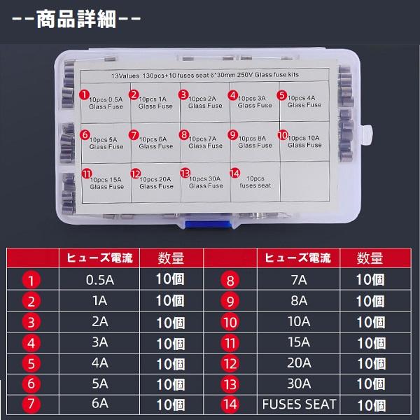 ガラス管 ヒューズ セット 130pc 電装 0.5A 1A 2A 3A 4A 5A 6A 7A 8A