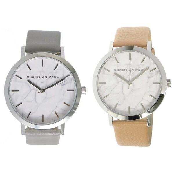 クリスチャンポール ペアウォッチ ユニセックス シェア 43mm ホワイトマーブル 大理石柄 グレー ベビーピンク レザー MWS4302MR-04 腕時計 誕生日 プレゼント