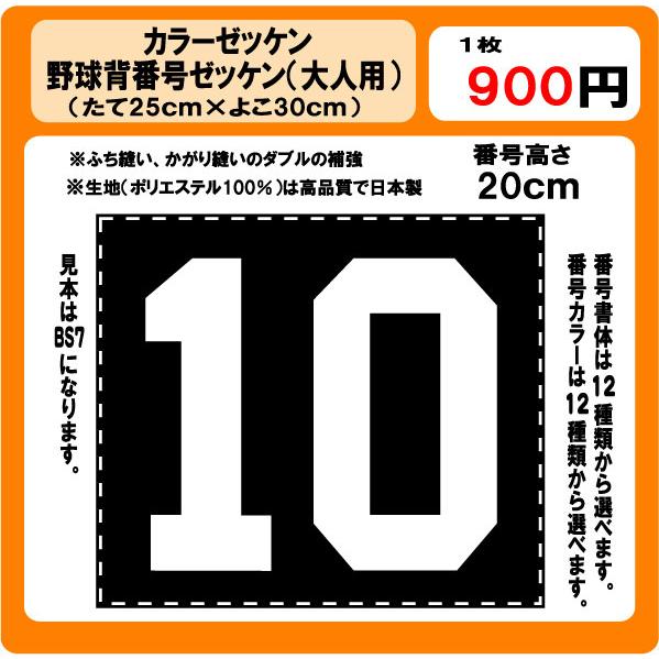 カラーゼッケン野球 背番号 ゼッケン （大人用） 昇華プリント W30cm