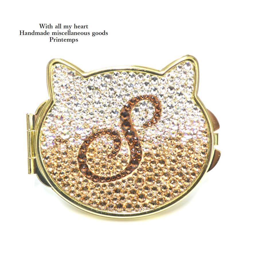 1914円 売り出し ネコ コンパクトミラー イニシャル入れ Swarovski グラデーション おしゃれ 高級 鏡 猫モチーフ かわいい 名入れ