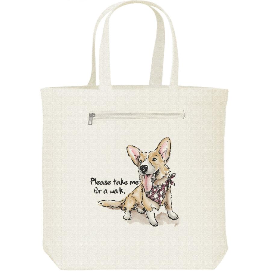 ウェルシュ・コーギー（散歩に連れてって）犬/キャンバス トート バッグ・ファスナー ポケット付 | 