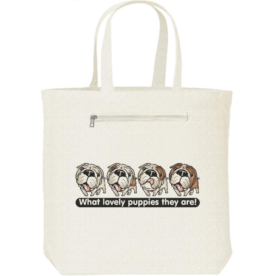 ブルドッグ4兄弟（子犬）/キャンバス トート バッグ・ファスナー ポケット付 | 