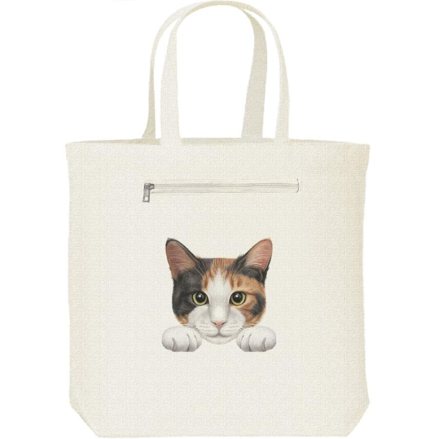 猫の顔・三毛猫/キャンバス トート バッグ・ファスナー ポケット付 