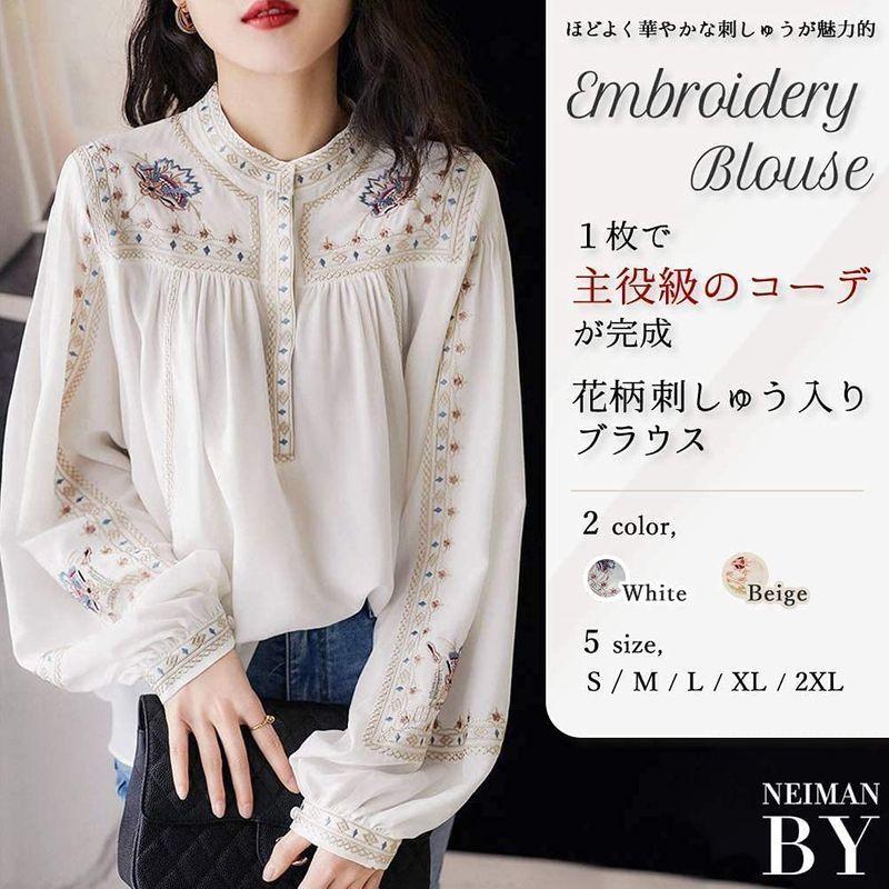 ニーマンバイ フラワー 刺繍 ブラウス バンドカラー ふんわり 袖 シャツ 花柄 エンブロイダリー 花 柄 夏服 長袖 ながそで ナガソ