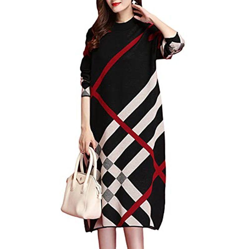 ニーマンバイ チェック柄 ワンピース ニット 高級 着痩せ 体型カバー チュニック 長袖 膝丈 ユッタリ ワンピースドレス エレガント 個性 Sale 97 Off