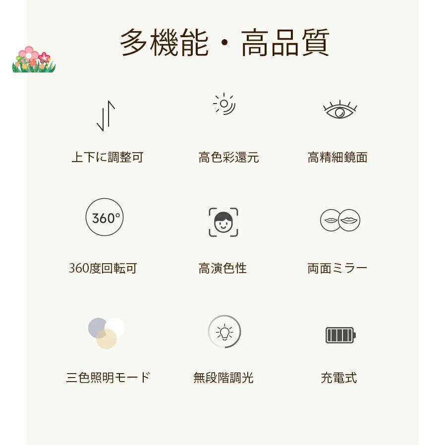 女優ミラー 卓上ミラー ledライト付き 両面ミラー 充電式 高さ調整 360°回転 3倍5倍10倍 拡大鏡 無段階調光 おしゃれ 卓上鏡 ライト付き メイク鏡 2カラー |  | 04