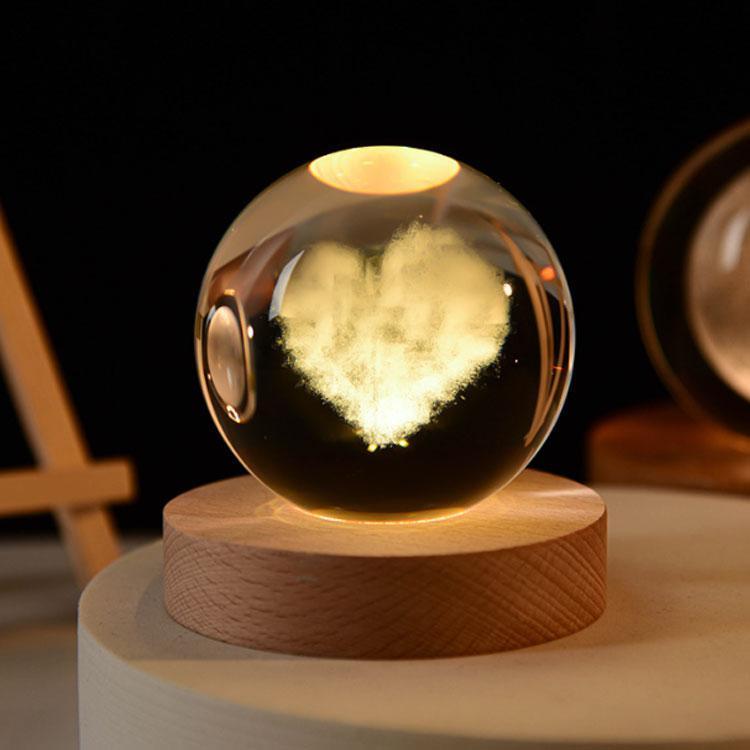 クォーツクリスタル球体置物 木製スタンド付き スノードーム クリスタル ボール 間接照明 スノーボール 月のランプ