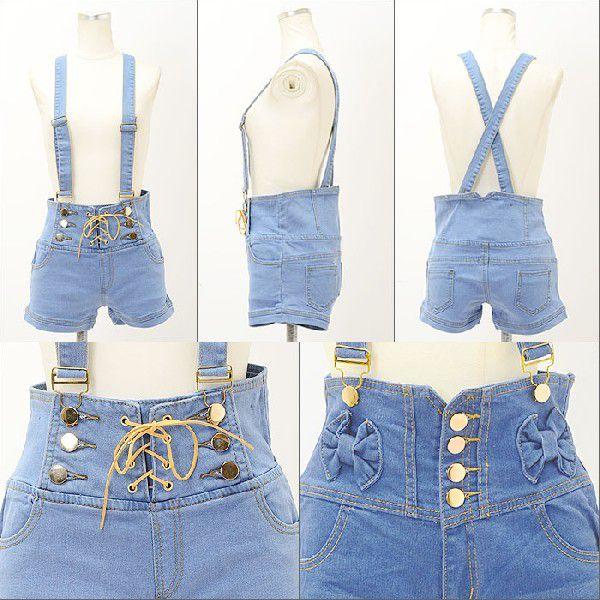 ストレッチデニム サスペンダー付き レディースショートパンツ リボン