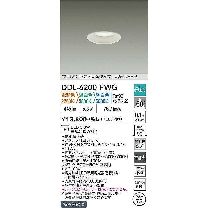 大光電機 ダウンライト DDL6200FWG 3色温度切替調光 Φ75 白熱灯60W相当