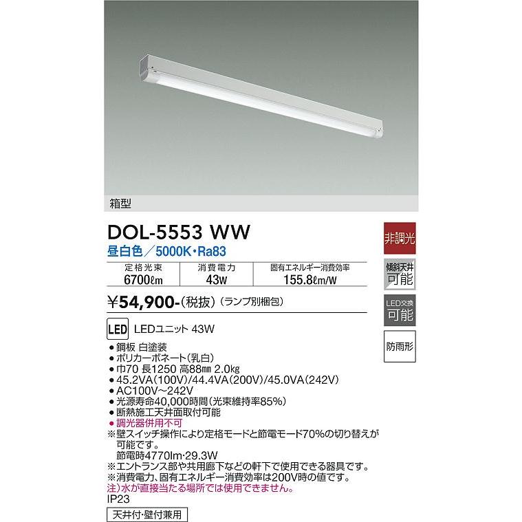 オンラインストア買 大光電機 LED軒下用ベースライト DOL-5553WW(非調光) 工事必要