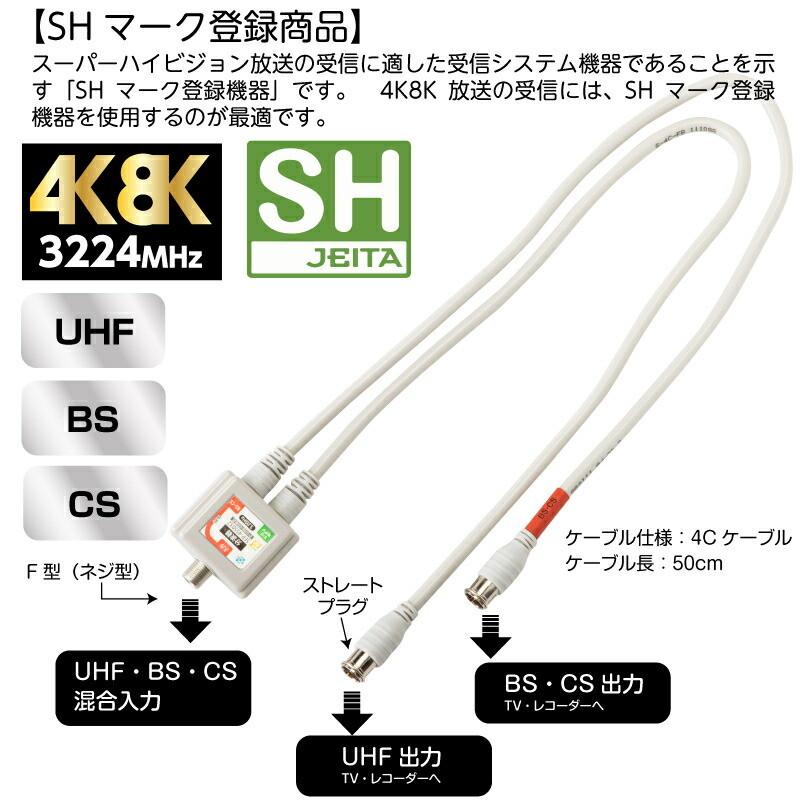 ケーブル付分波器 4C 50cm ストレート型プッシュコネクタ 地デジ CS BS