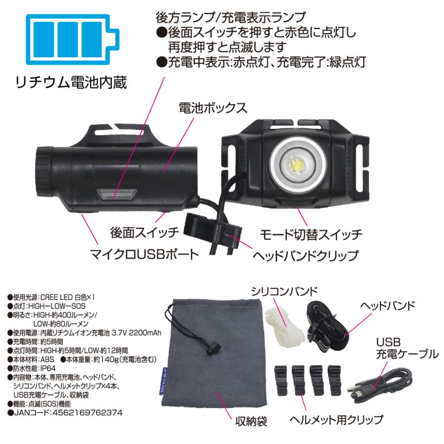 在庫有 ヘッドライト 充電池式 SK-HL400ZCH-MS LED 400lm ヘッド角度