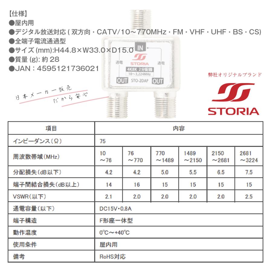 2分配器 全端子通電型 STO-2DAP 屋内用 4K8K衛星放送(3224MHz)対応 STORIA ストリア|pro-pochi|04