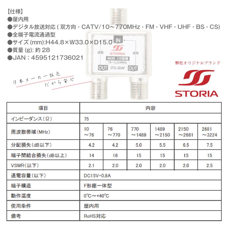 2分配器 全端子通電型 STO-2DAP 屋内用 4K8K衛星放送(3224MHz)対応 STORIA ストリア 在庫有｜pro-pochi｜04