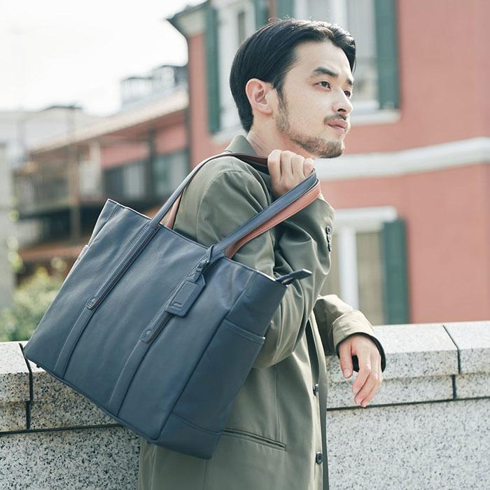 【SOLATINA】 14ポケットレザートート　ネイビー SOLATINA トートバッグ 横型 ソラチナ インターナショナル