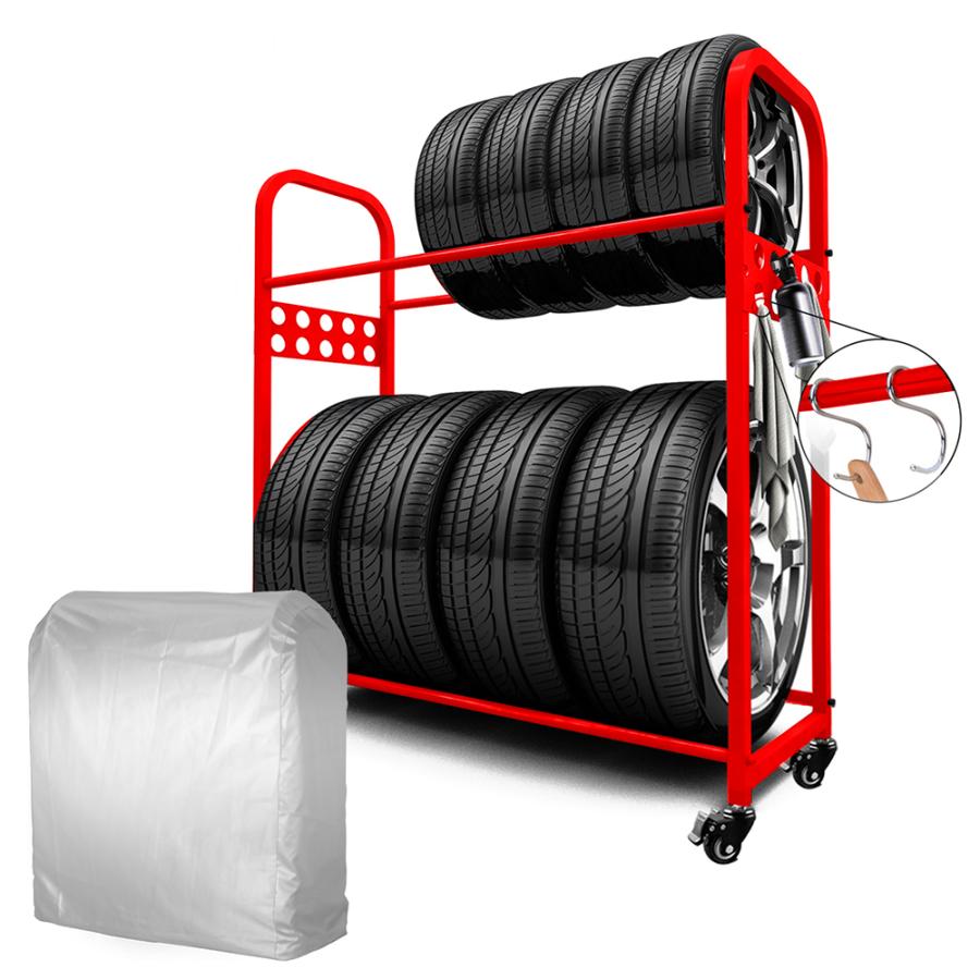 PROBASTO タイヤラック 8本 縦置き 2段式 キャスター付き カバー付き 耐荷重300kg スリム タイヤ収納 タイヤ保管 組立簡単 ロック付 タイヤスタンド カバー 3色 |  | 19