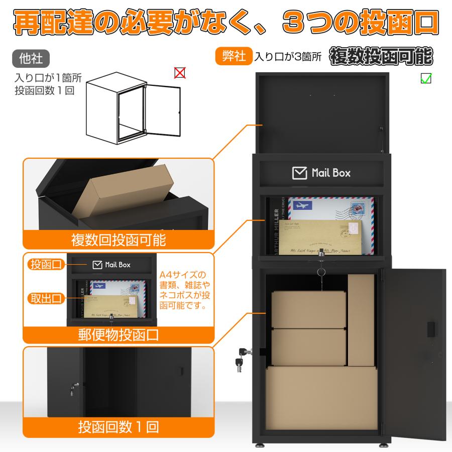 「PROBASTO」宅配ボックス ポスト一体型 組立不要 複数投函 防錆 置き配 ボックス メール便対応 大型 一戸建て用 防水 大容量 おしゃれ 宅配BOX 二つ扉 防犯｜probasto｜04