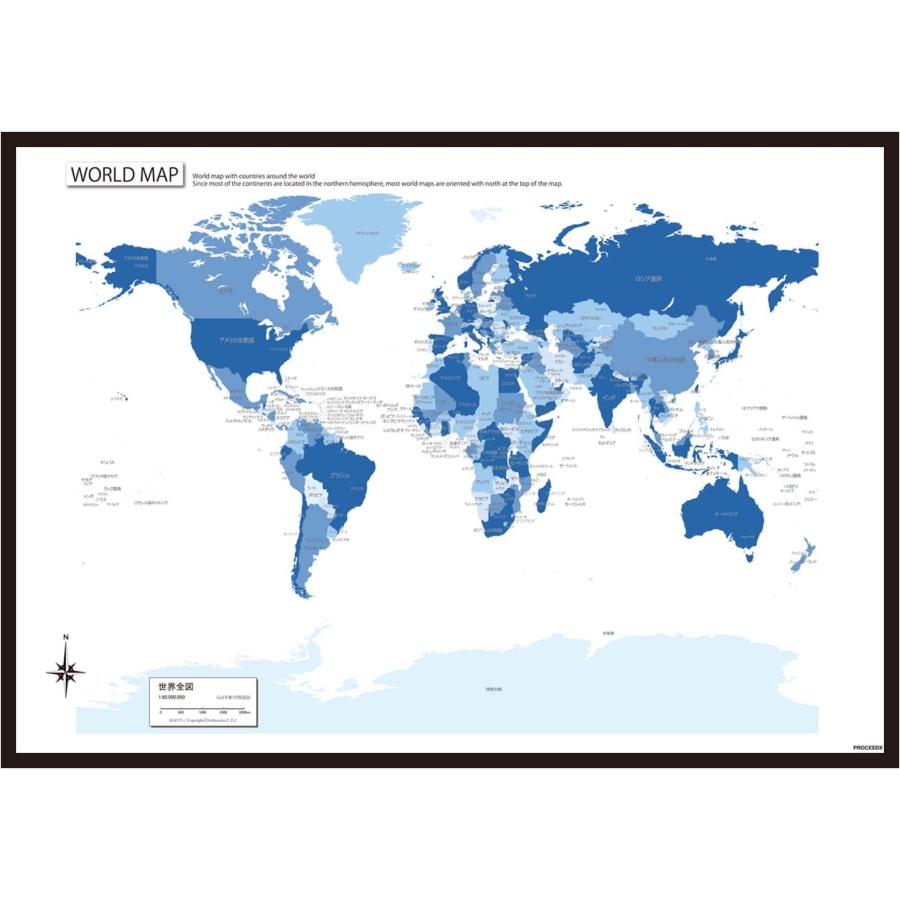 PROCEEDX美しい世界地図　パステルカラーブルー1　学習ポスターミニマルマップ　フレーム付きA2サイズ日本製1265 | 