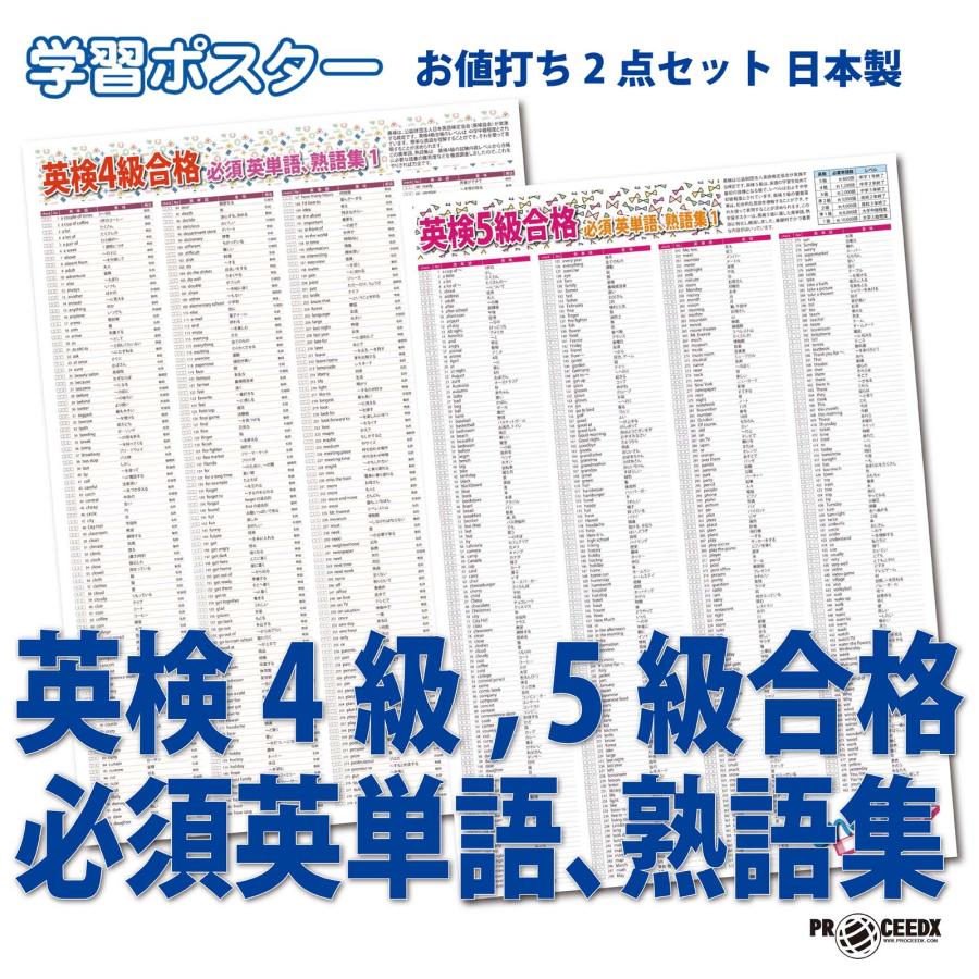 学習ポスター英検4級,5級合格 必須英単語、熟語集 A2サイズお値打ち2点セット日本製 | 