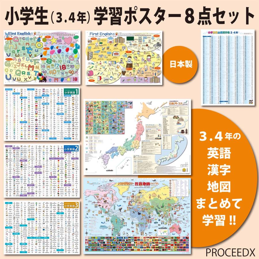 小学3年学習ポスターギフト　8点セット 英語 漢字 世界地図 日本地図 知育 日本製　送料無料 PROCEEDX3293 | 