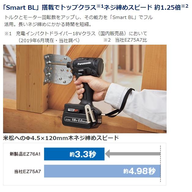パナソニック インパクトドライバー 18V 5.0Ah 充電式 バッテリー2個 黒 EZ76A1LJ2G-Bの画像