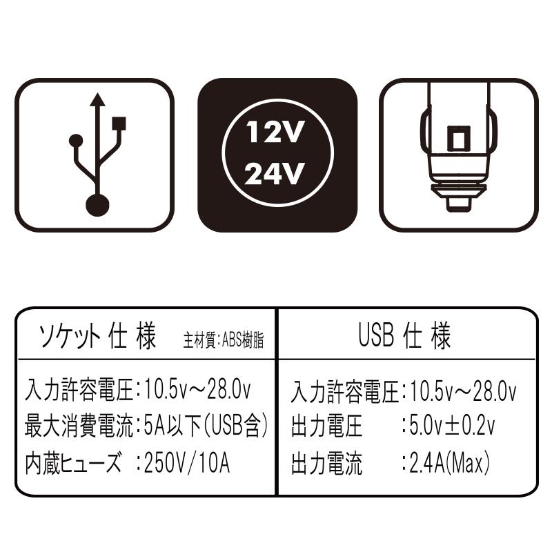 12V 24V 車用 USBソケット USB付 ダイレクトスイッチ付 2連