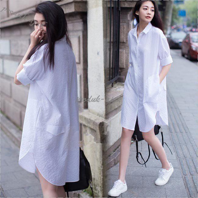 シャツ 白 ゆったり サマーブラウス シンプル トップス ブラウス レディース ロング ワイシャツ 半袖 半袖シャツ 夏 女性