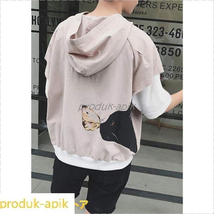 22新商品 パーカー 夏 上着 ゆったり ファッション かっこいい ストリート フード付き Vネック プルオーバー フェイク レイヤード 猫柄 Tシャツ メンズ 七分袖 五分 七分袖 サイズ 5xl Www We Job Com