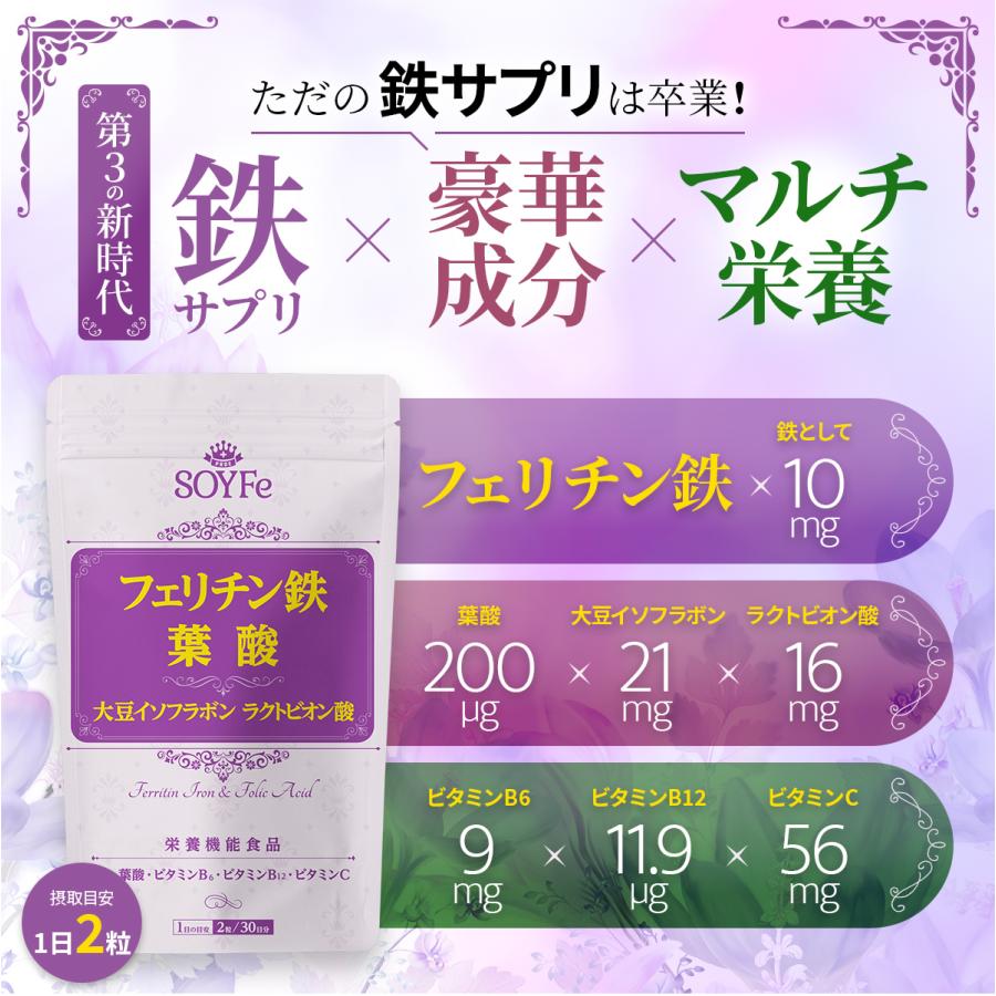 鉄分 サプリ フェリチン鉄 葉酸 大豆 イソフラボン サプリメント まめ鉄 鉄分補給 女性 男性 効果 強力 フェリチン 鉄 日本製 オススメ 30日分 送料無料 (SOYFe) | PROE | 03