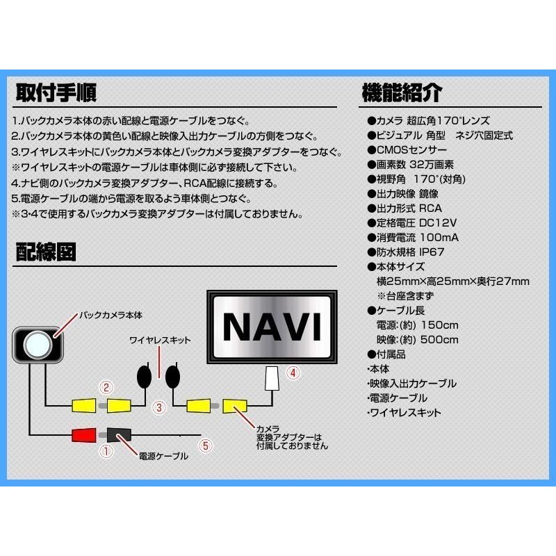 AVIC-RL901 対応 バックカメラ 後付け ワイヤレスキット カロッツェリア 純正 ND-BC8 ND-BC100 同等品 高画質 ネジ穴固定式タイプ｜profits-os｜03